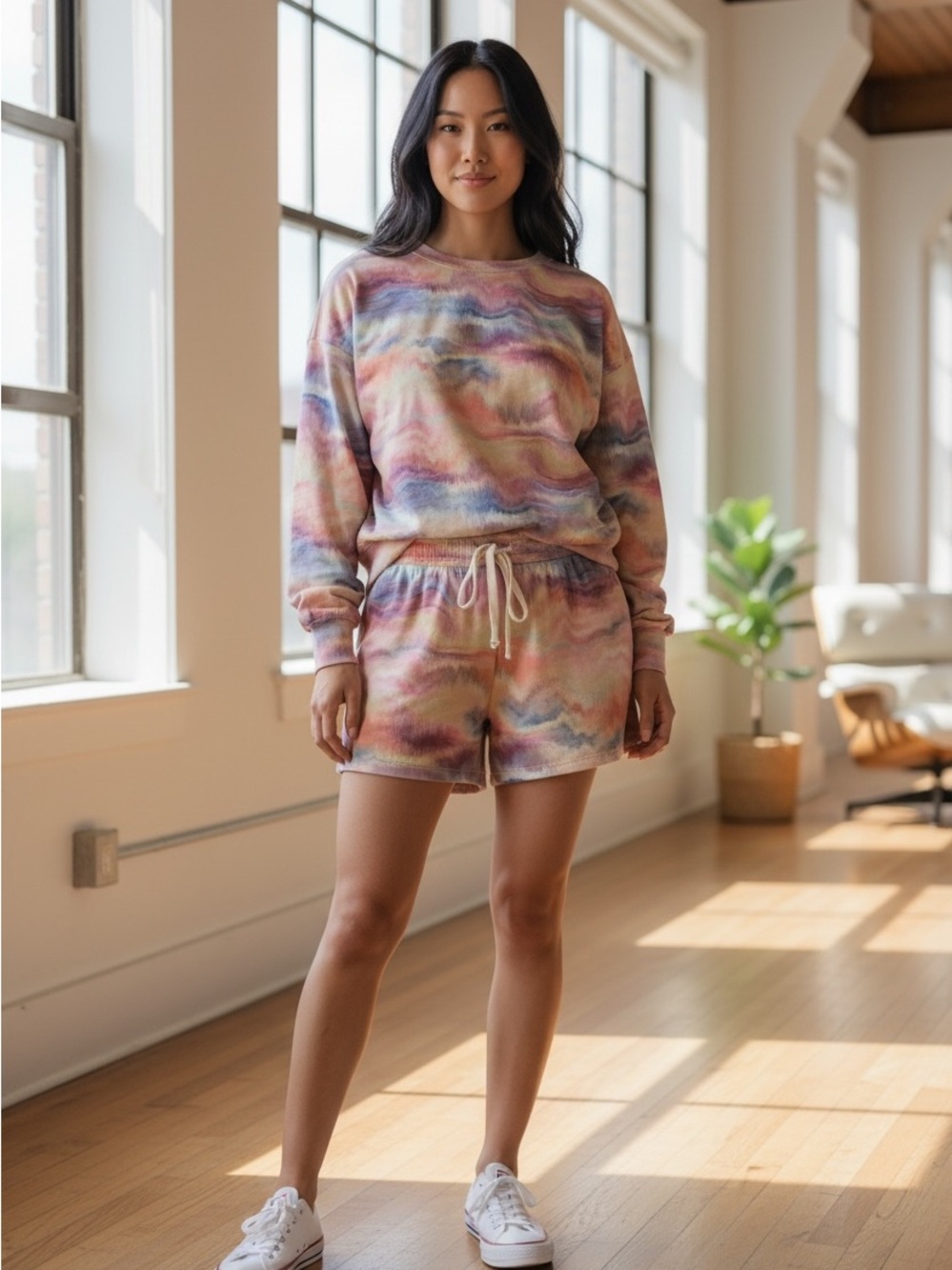 PJ Salvage Women’s Tie-Dye Pastel Sweatshirt & Shorts Set- Size S